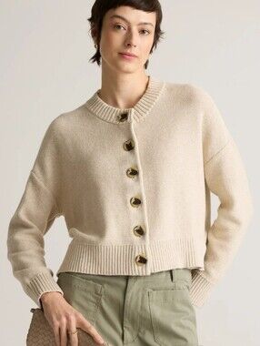 Quince 100% Organic Cotton Cream Button-Front Cropped Knit Cardigan Sweater XS